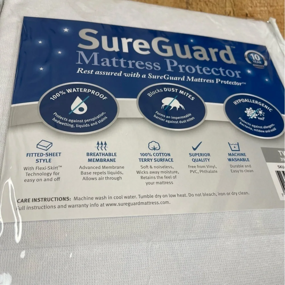 NEW Sure Guard Mattress Protector Twin 100% Waterproof White Hypoallergenic